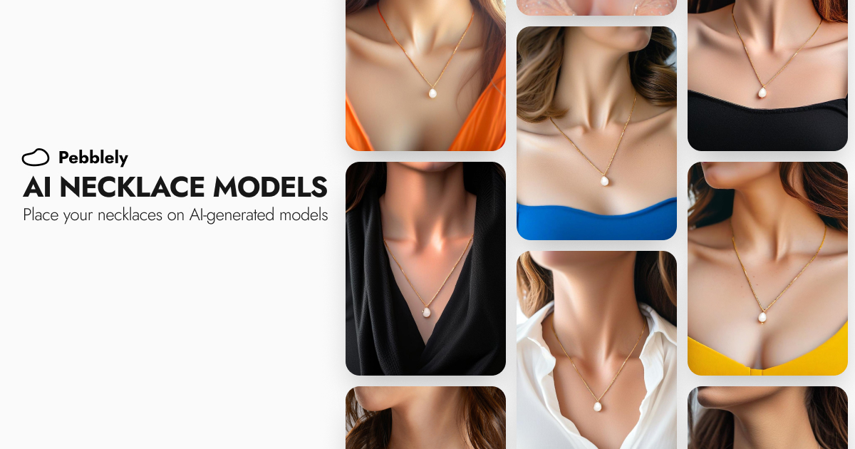 A compilation of necklace model photos generated using Pebblely