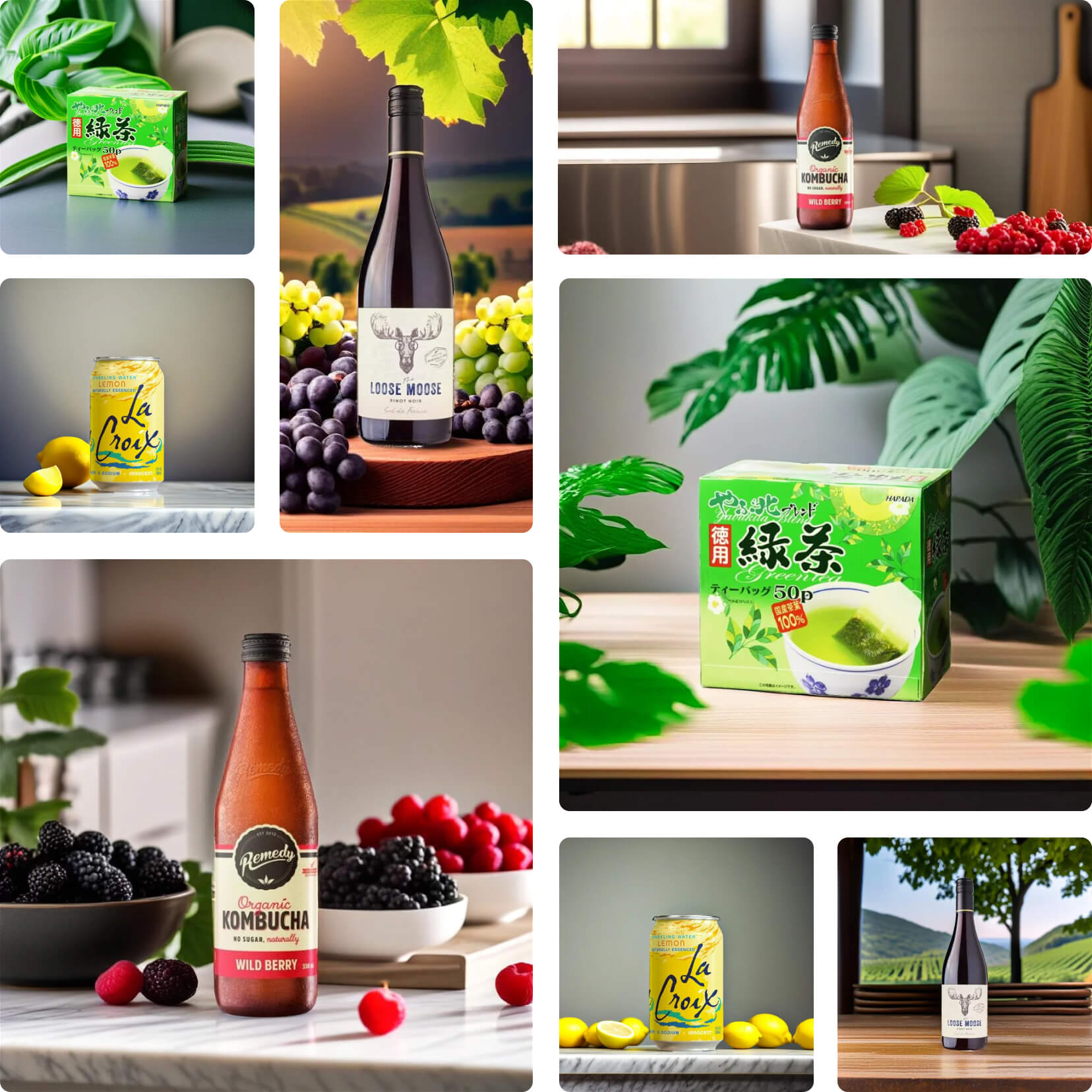 A collage of beverages in various backgrounds