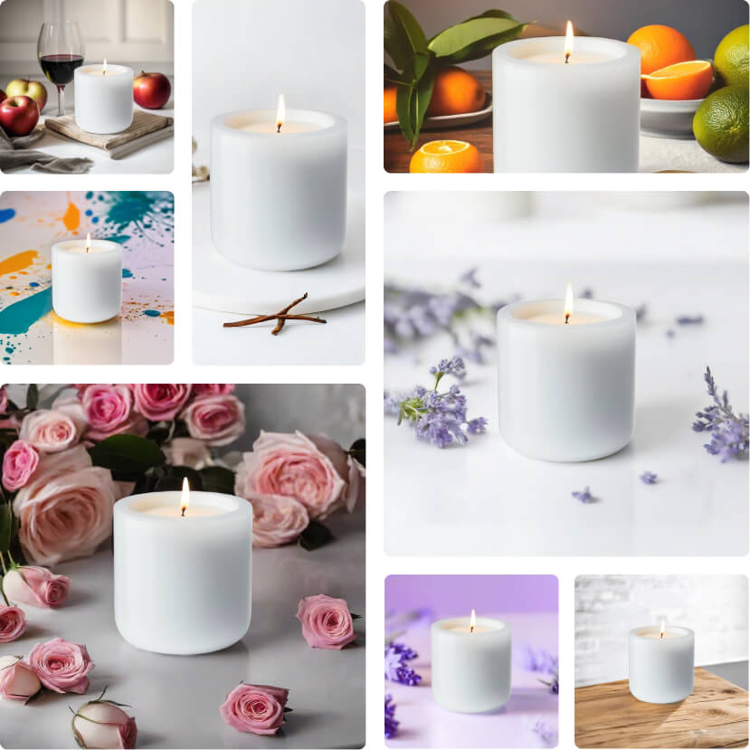 A collage of a candle on various backgrounds