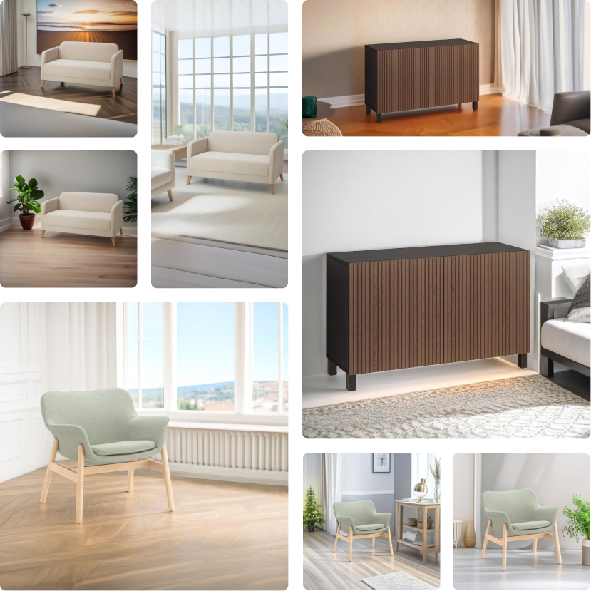 A collage of different furniture on various backgrounds