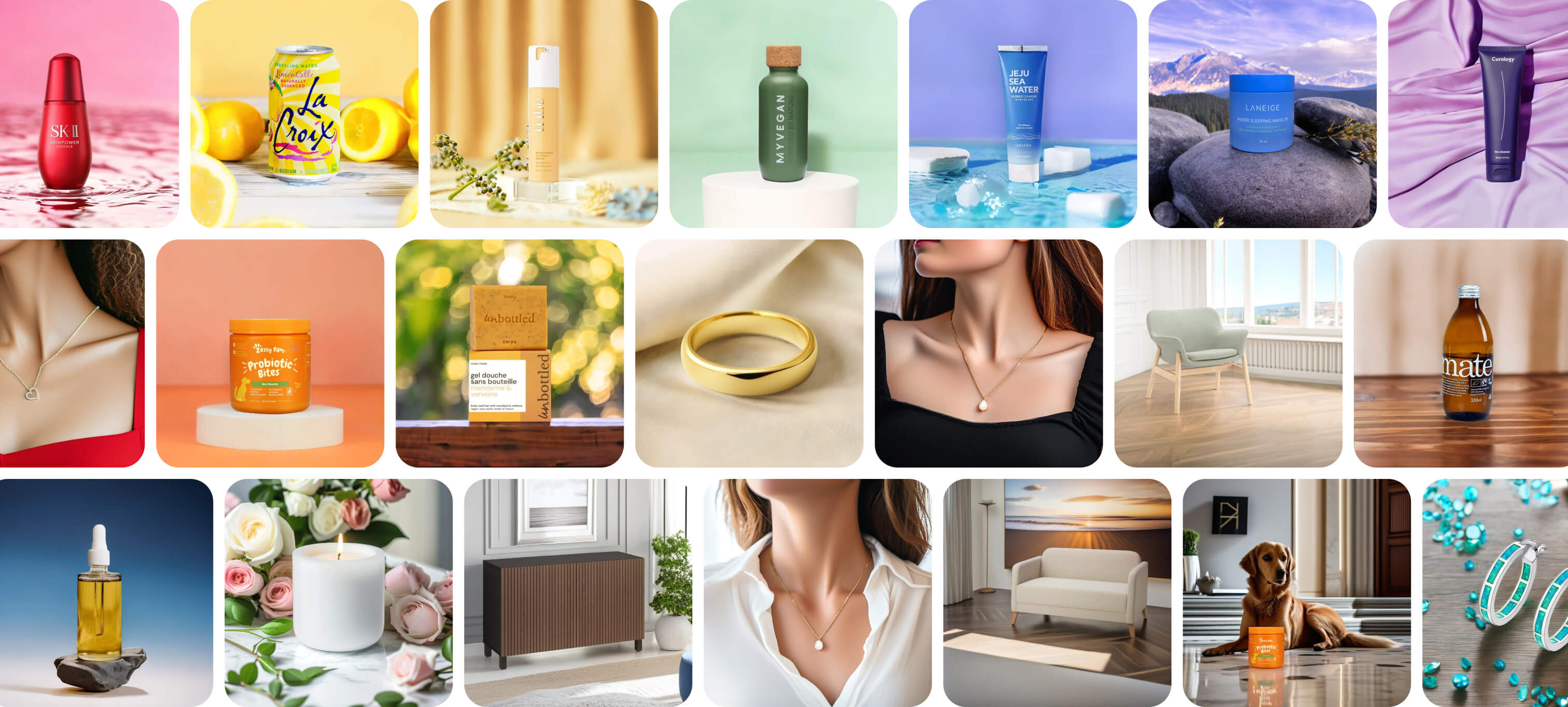A collage of AI product photos by Pebblely