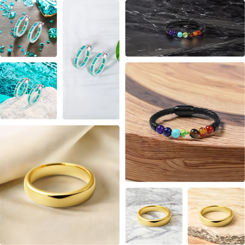 A collage of different jewelry on various backgrounds