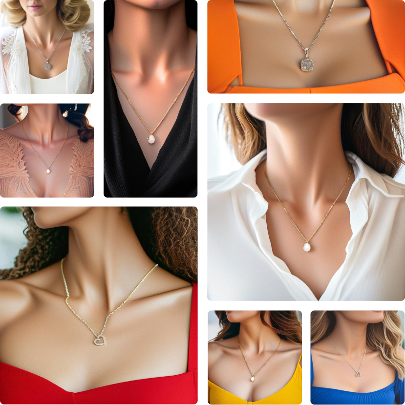 A collage of different necklace model photos