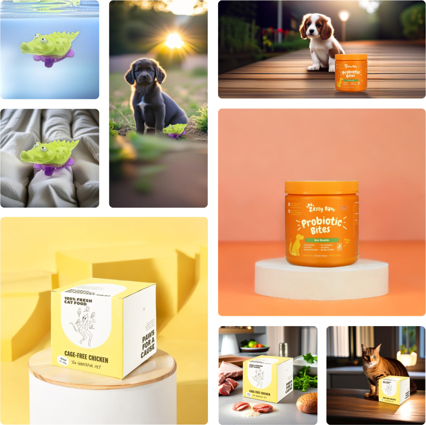 A collage of different pet products on various backgrounds