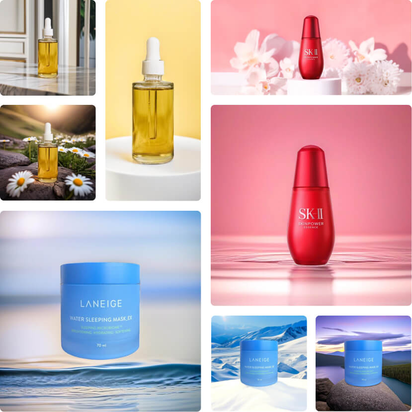 A collage of different skincare products on various backgrounds