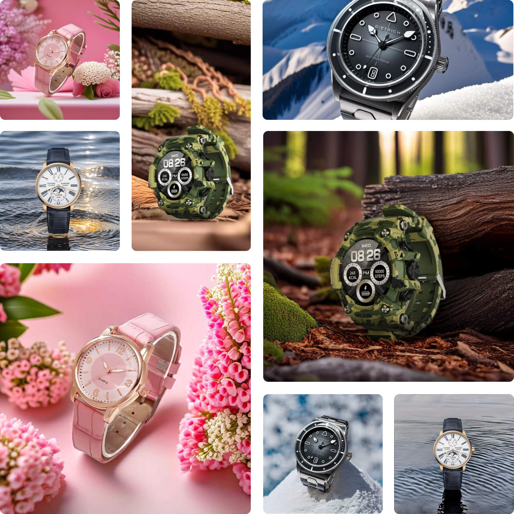 A collage of a watch on various backgrounds
