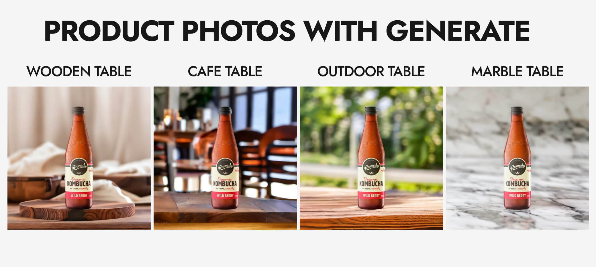 Kombucha product photos generated with GENERATE
