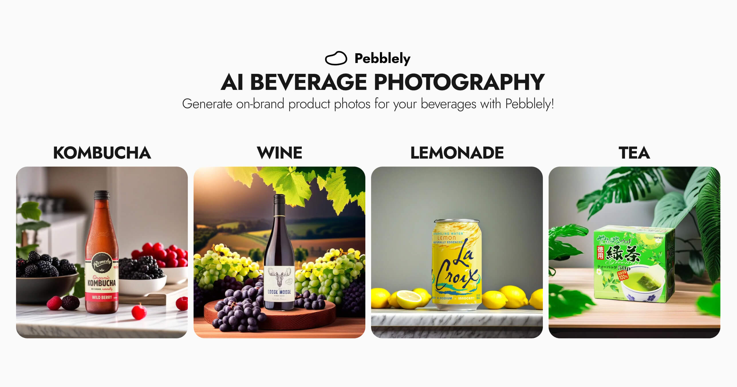 A compilation of professional beverage bottle photos generated using Pebblely