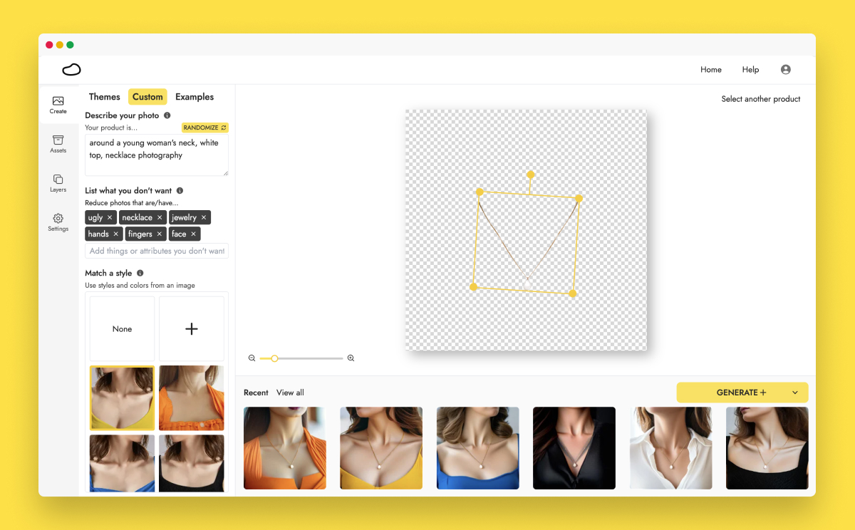 Generating necklace model photos with Pebblely
