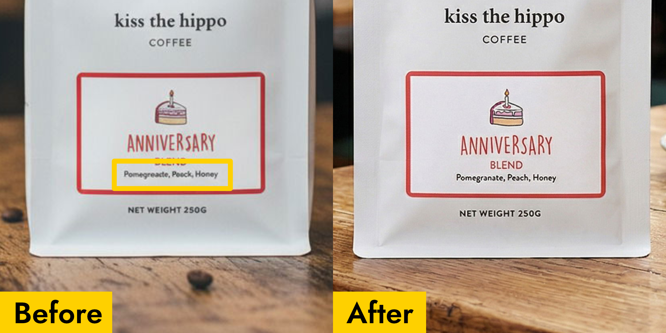 Before and after: garbled text on a coffee beans pack vs correctly preserved text