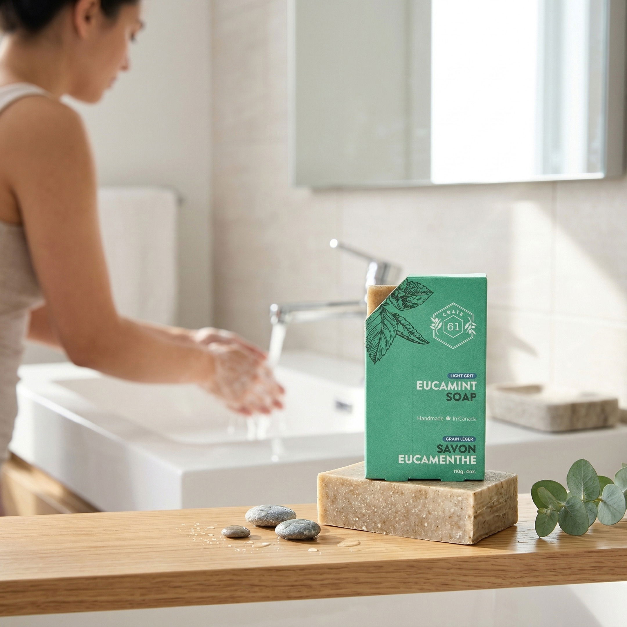 A soap product with a lot of text reproduced accurately in a Pebblely AI image