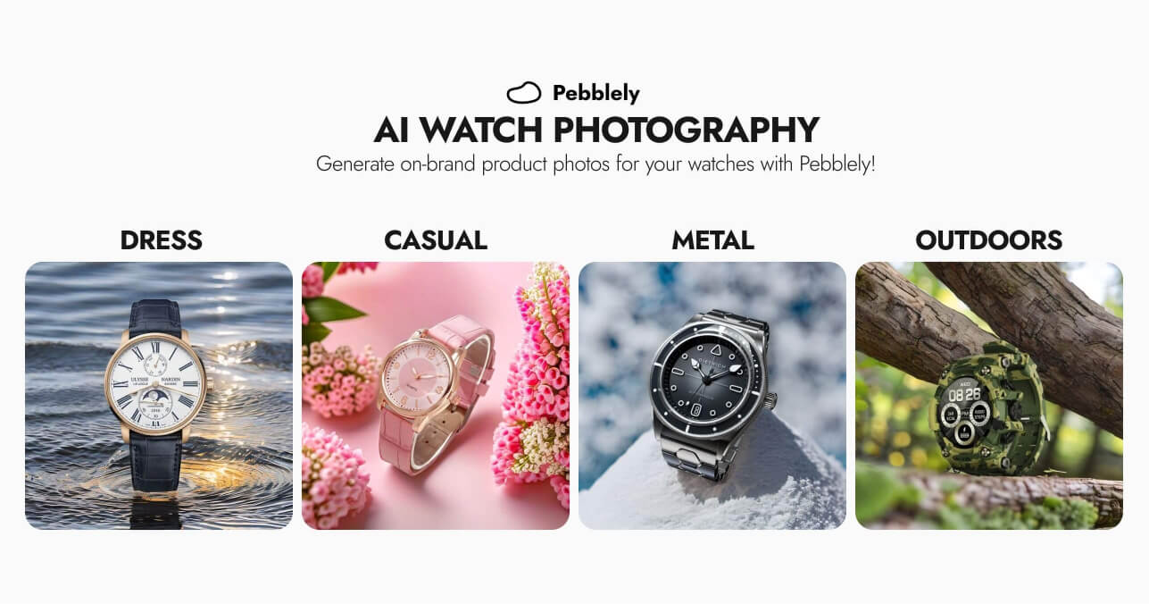 A compilation of professional watch photos generated using Pebblely