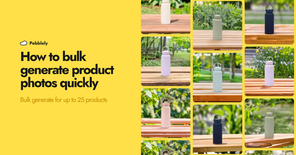 A cover photo showing various product photos generating using Pebblely's bulk generation feature
