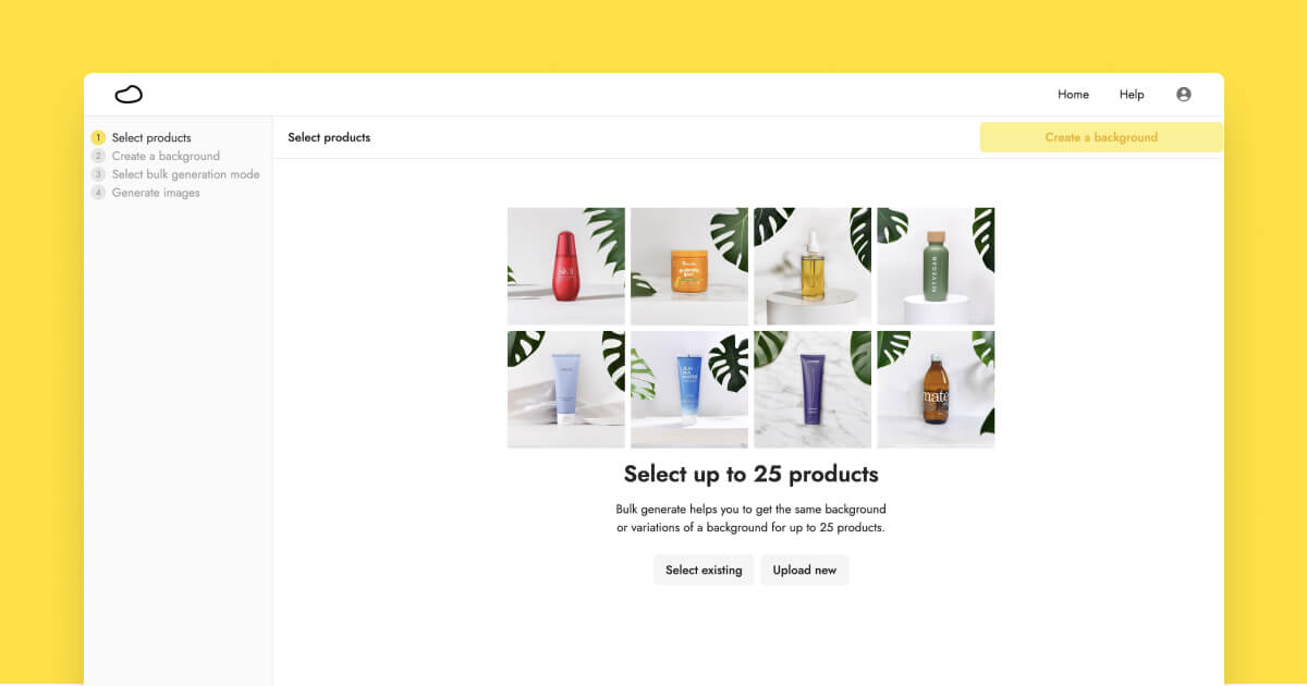 The product selection screen for bulk generation in Pebblely