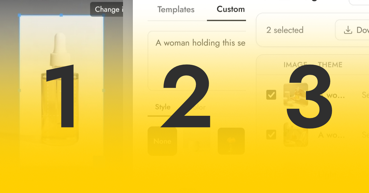 Three-step process of creating product photos with Pebblely