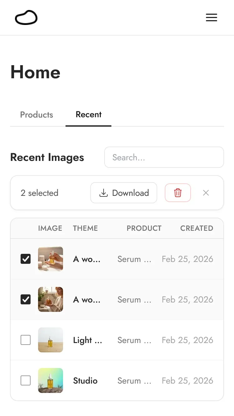 Recent images screen showing generated product photos