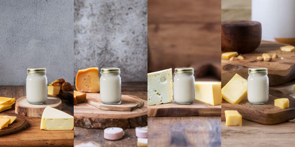 Images of a milk bottle on a table with cheese