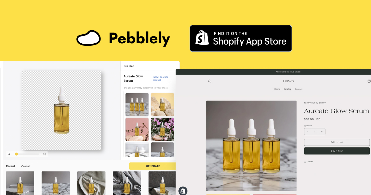 A graphic showing logos of Pebblely and Shopify