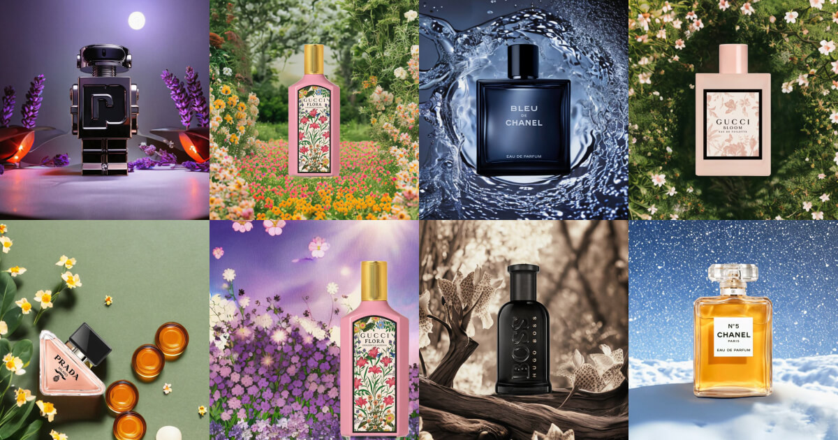 A collage of top perfume brand's product images generated by Pebblely