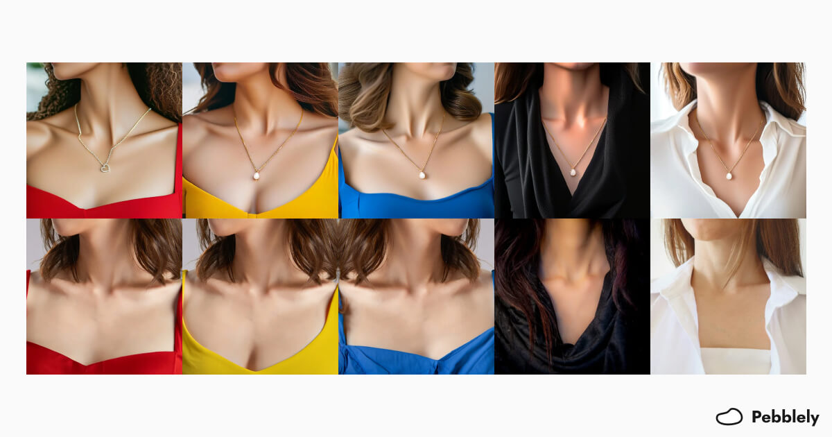 Necklace model photos generated with Pebblely