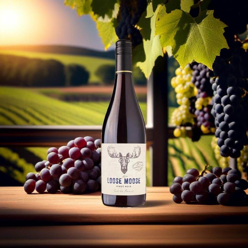 A product Standing on a wooden table, grapes, vineyard in the background, product photography