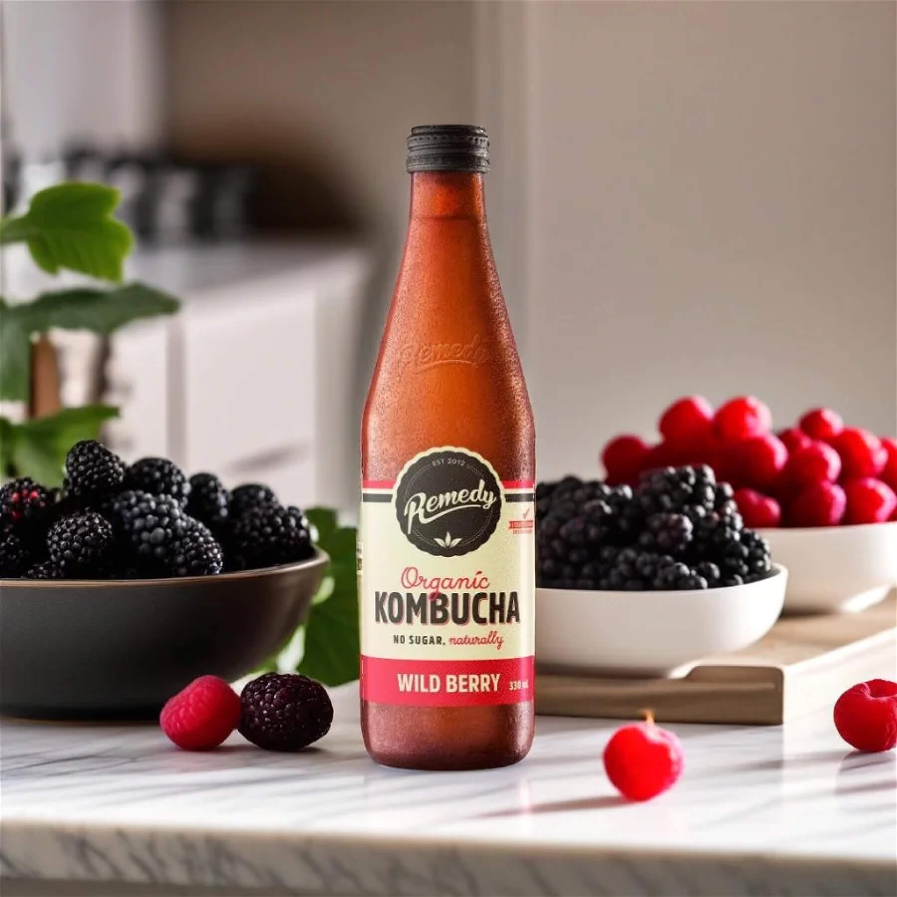 A product Standing on a white marble kitchen counter, surrounded by wild berries, natural light, product photography