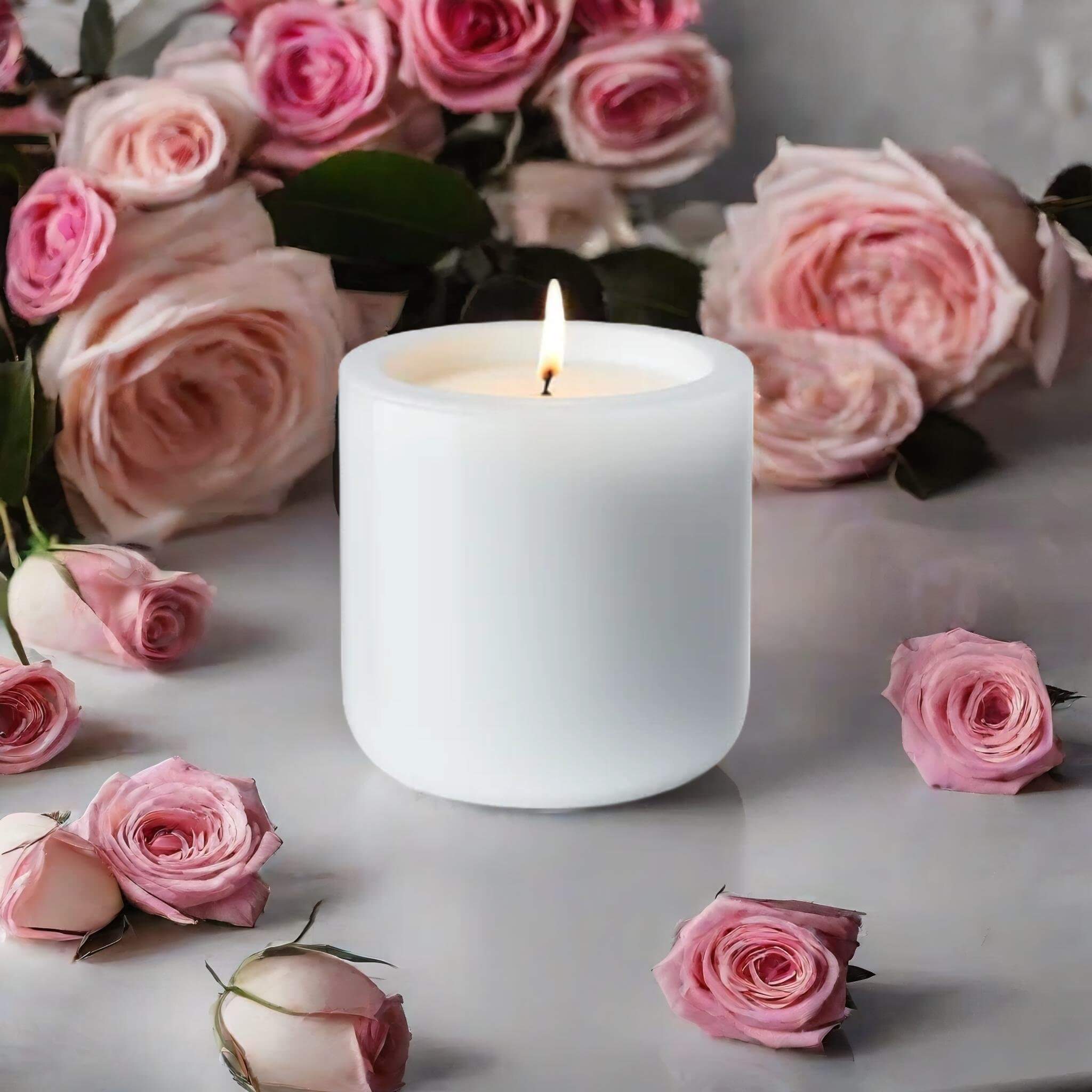 A product standing on a white table, surrounded by roses, product photography