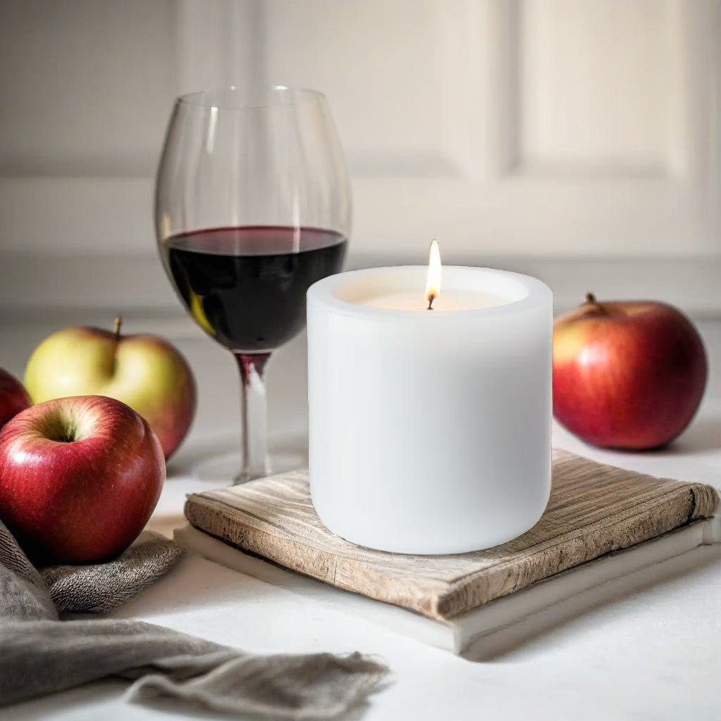 A product on a white table, beside a glass of wine and apples