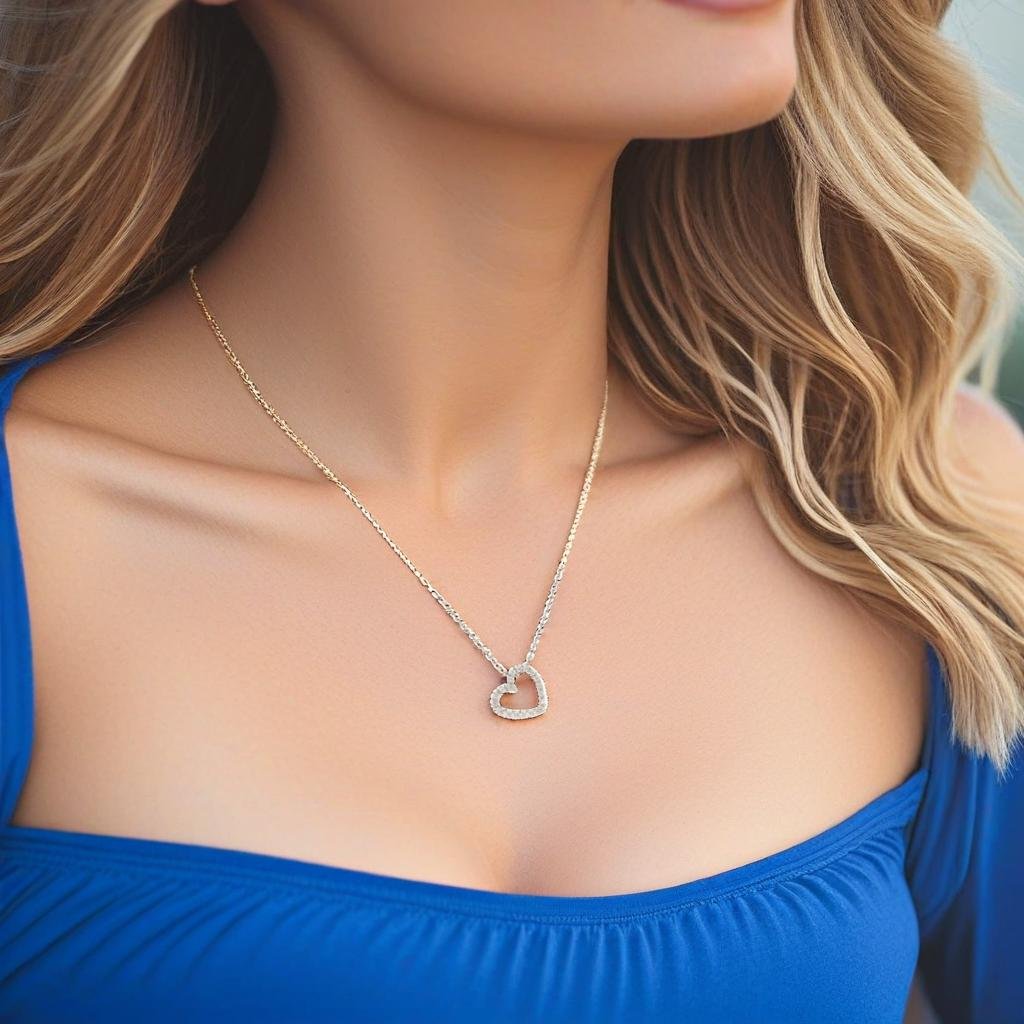 A product around a blonde model's neck, blue casual top, necklace photography