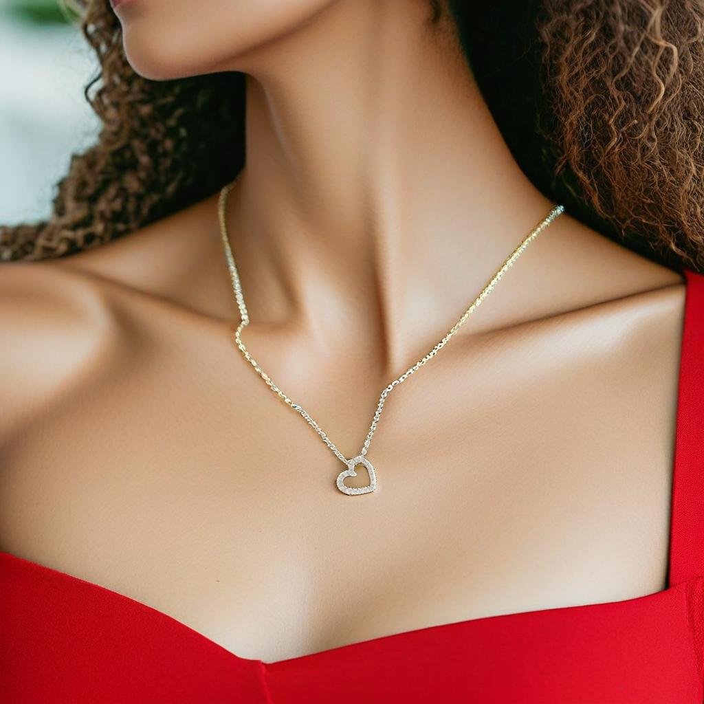 A product around a tanned model's neck, red casual top, necklace photography