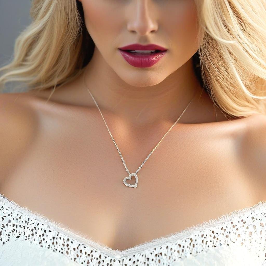 A product around a blonde model's neck, white lacy top, necklace photography