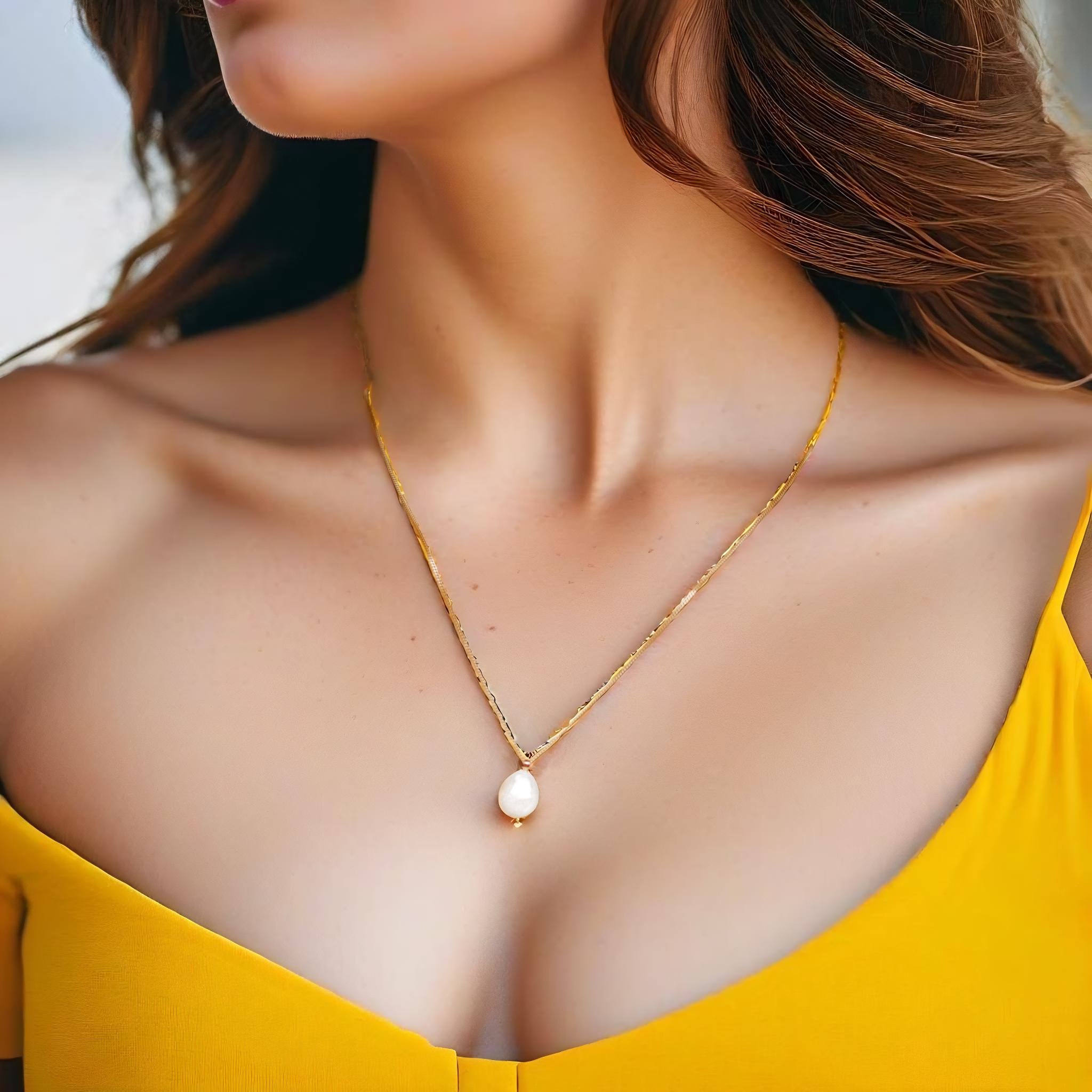 A product around a young woman's neck, yellow top, necklace photography
