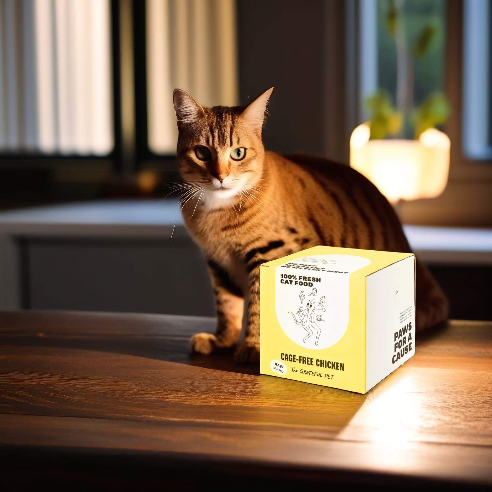 A product standing on a wooden table, beside a cat