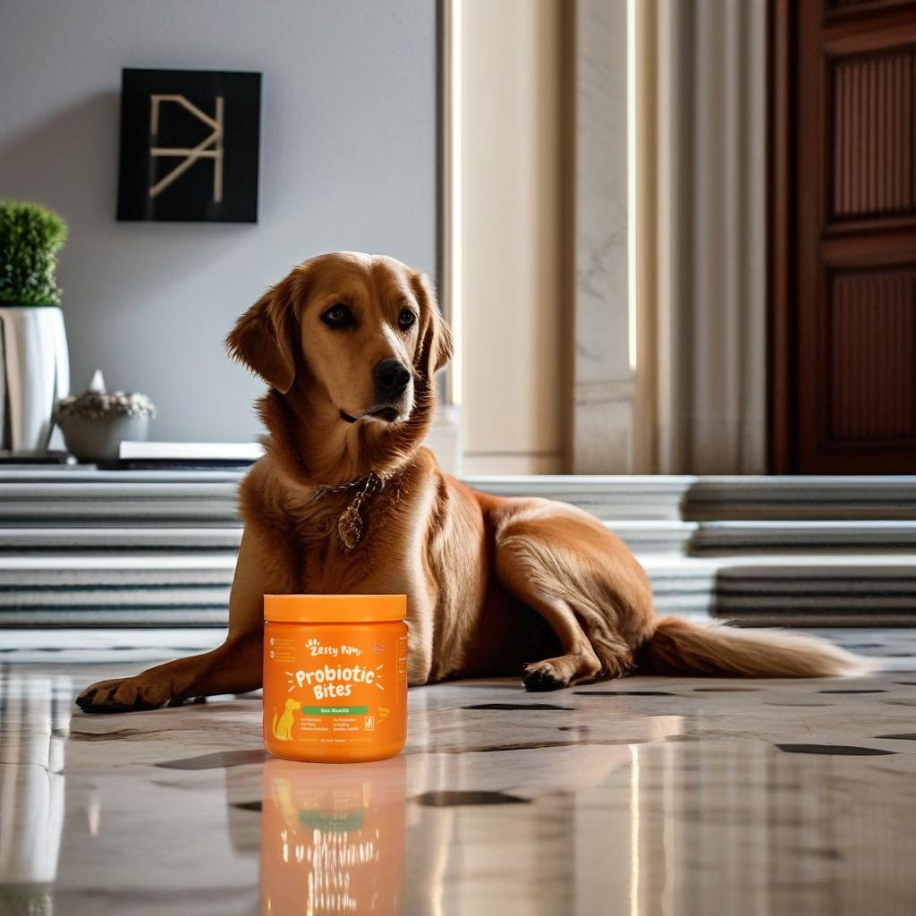 A product standing on a marble floor, beside a dog