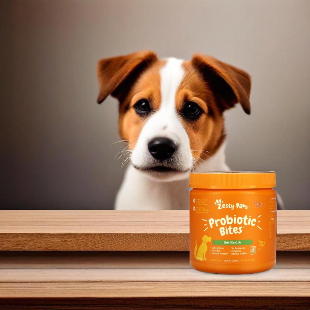 A product standing on a wooden table, beside a puppy