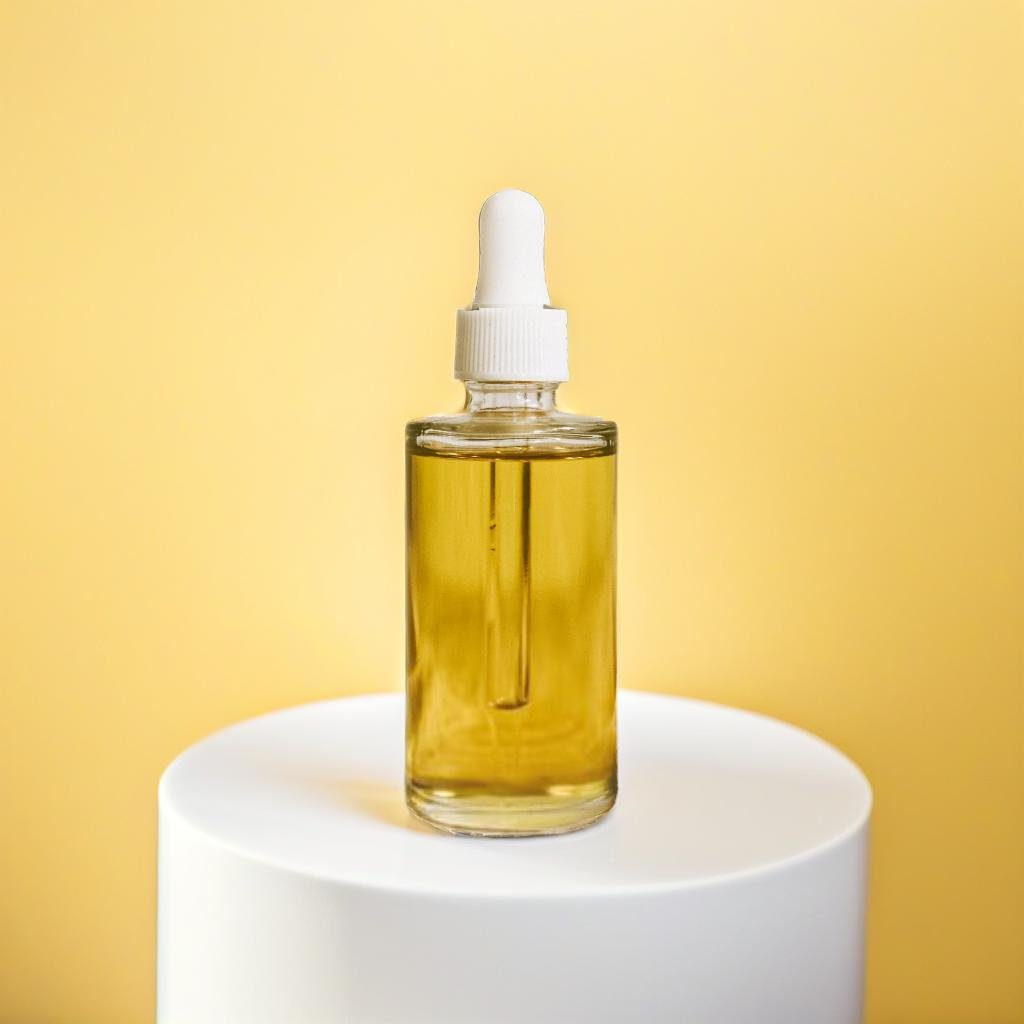 A product standing on a white platform, yellow background, studio photography