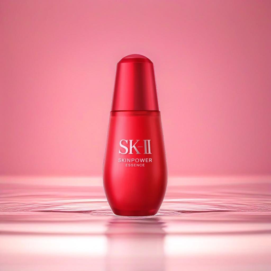 A product emerging from rippling water, pink background, shallow depth of field