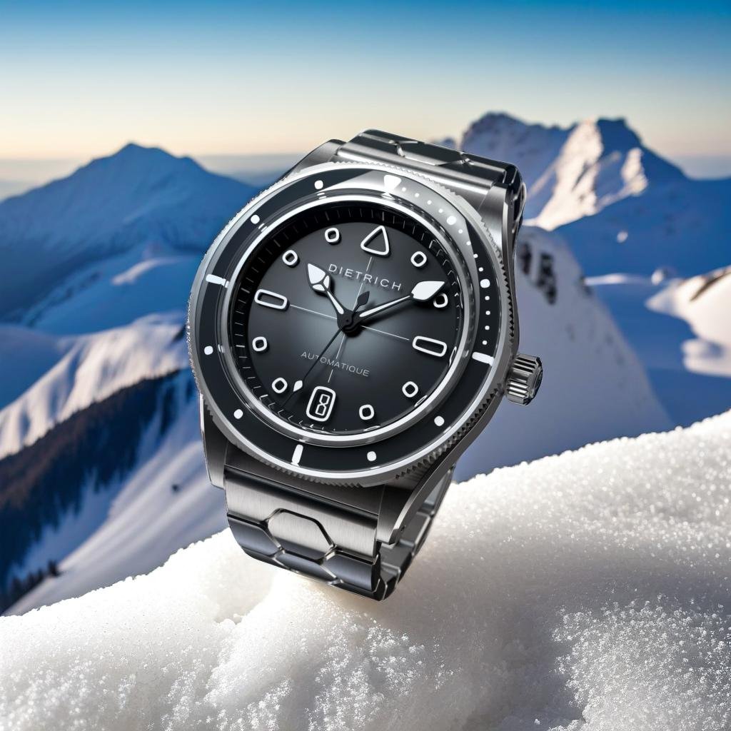 A product Standing on white snow, mountains and blue sky in the background, product photography