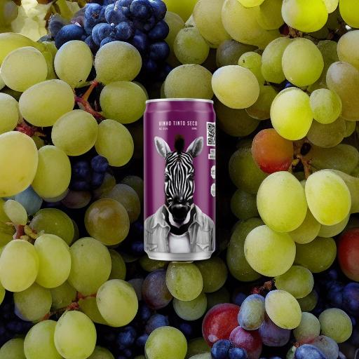 A can wine surrounded by grapes