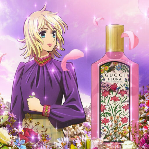 A product image of Gucci Flora with illustrations
