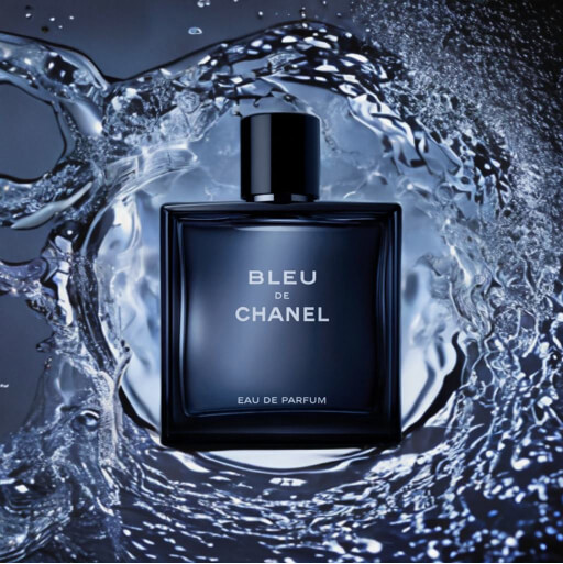 A photo of BLEU DE CHANEL with a background of dark blue water
